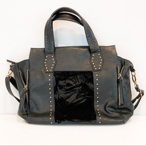 Vegan Black Leather & Crushed Velvet Studded Bag